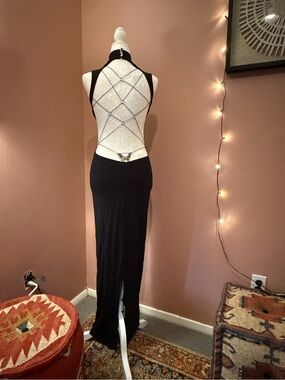 Black Backless Halter Maxi Dress with Lace-Up Back
